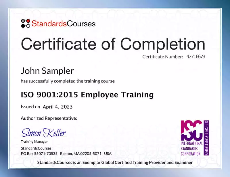 Certificate ISO 9001:2015 Employee Training