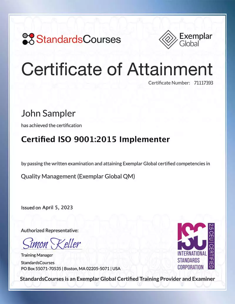 Certificate ISO 9001:2015 Implementer Certification Training