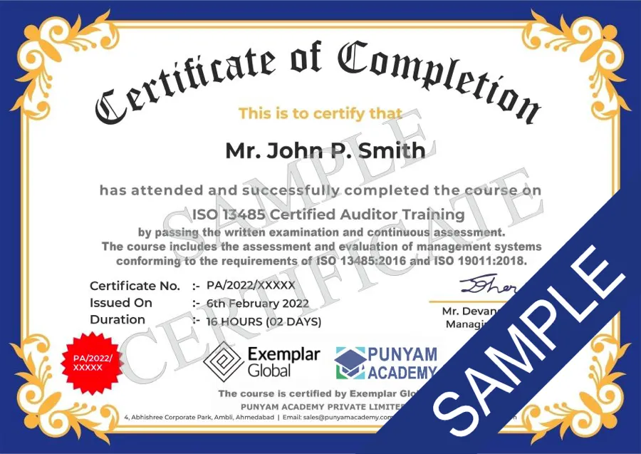 Certificate ISO 13485:2016 Auditor Training