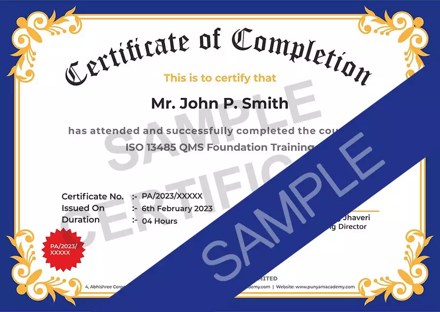Certificate ISO 13485:2016 Foundation Training