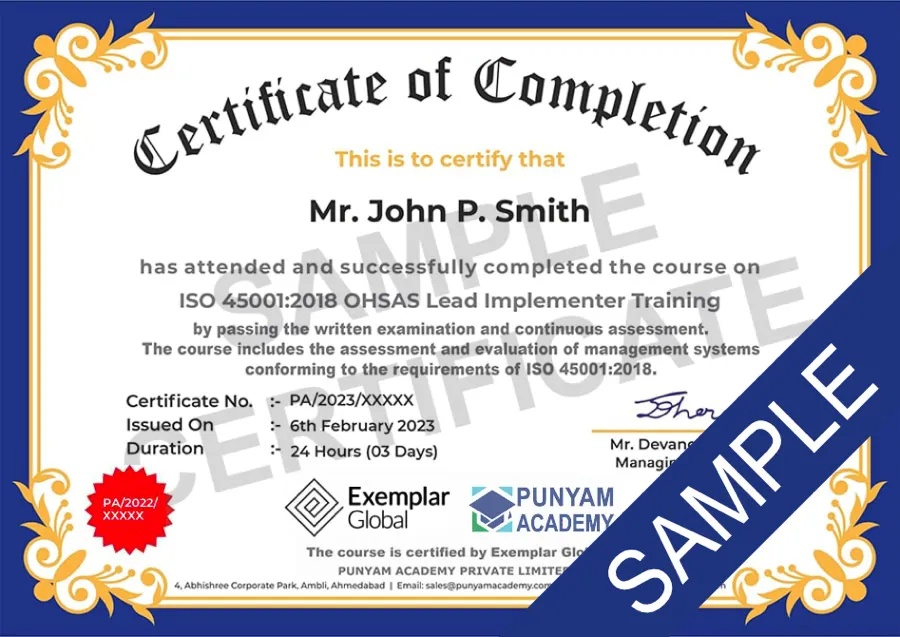 Certificate ISO 45001:2018 Implementer Training