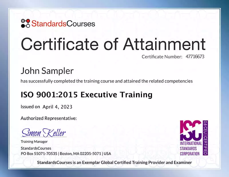 Certificate ISO 9001:2015 Executive Training