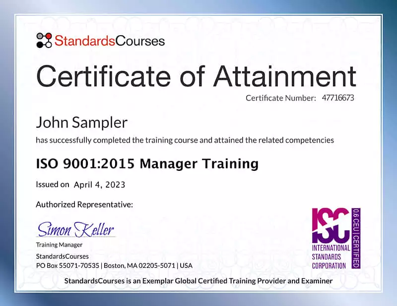 Certificate ISO 9001:2015 Manager Training