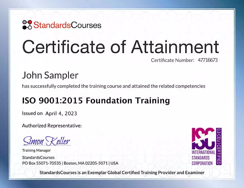 Certificate ISO 9001:2015 Foundation Training
