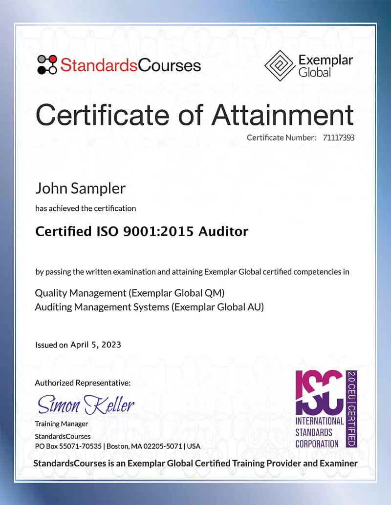 Certificate ISO 9001:2015 Auditor Certification Training