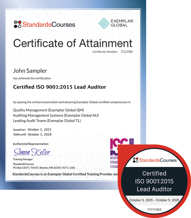 Example ISO 9001 Lead Auditor Certificate from StandardsCourses